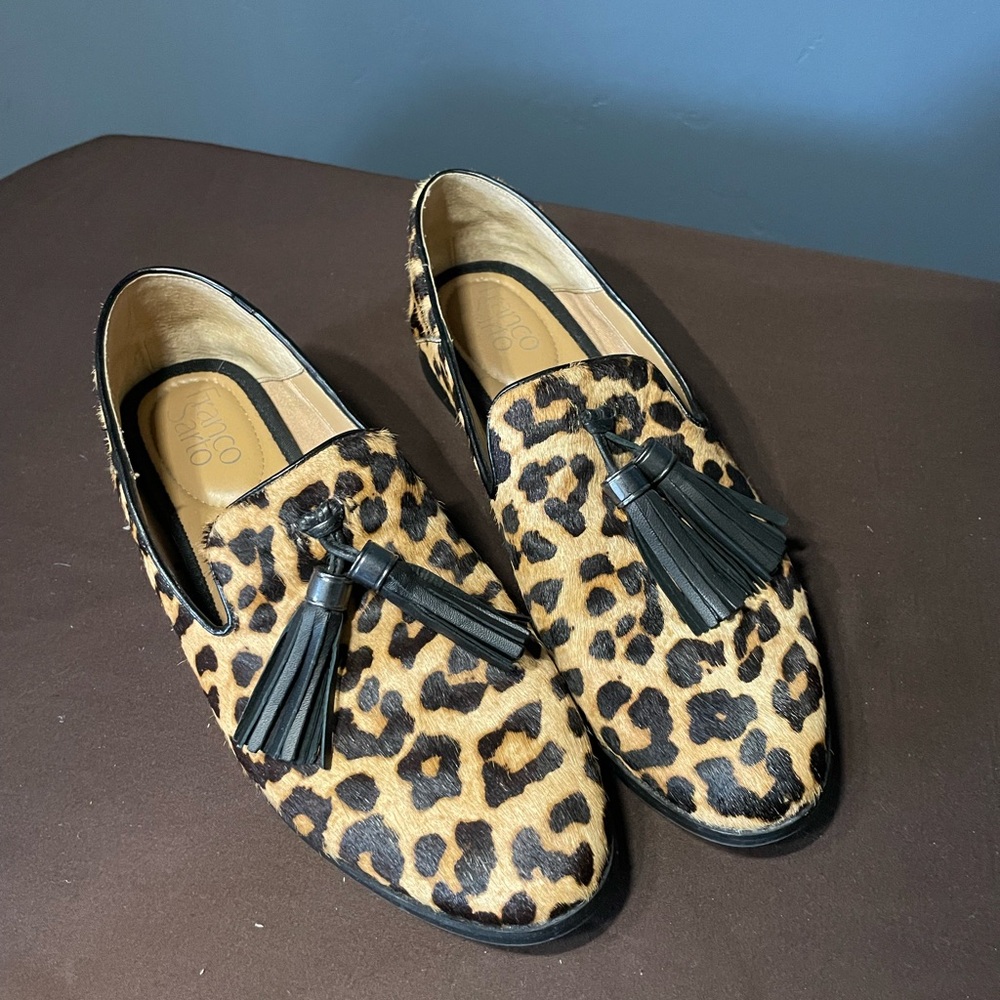 Franco Sarto calf hair Leopard Print Tassel Loafers